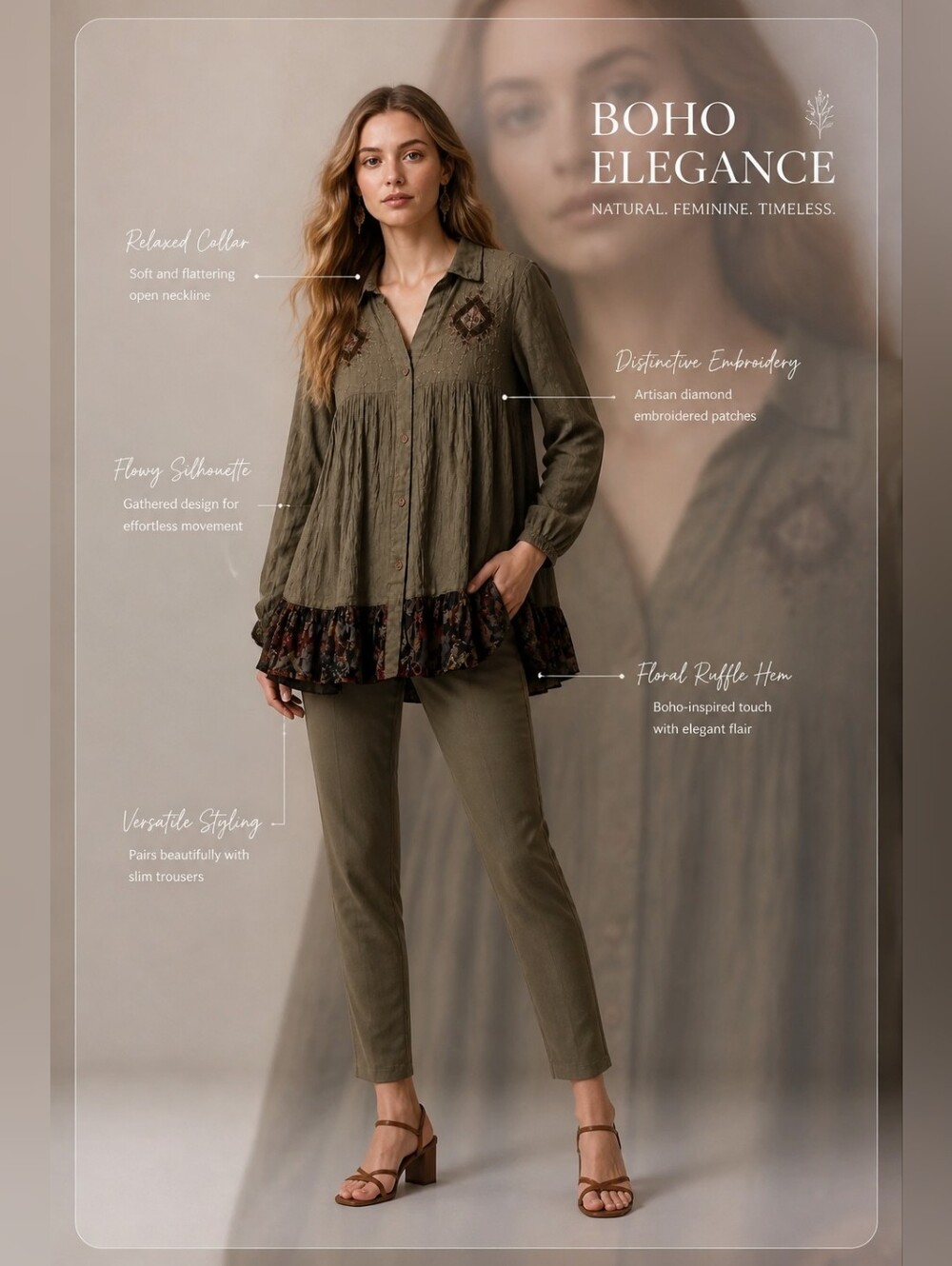 Boho Embroidered Olive Green Button-Front Women's Top